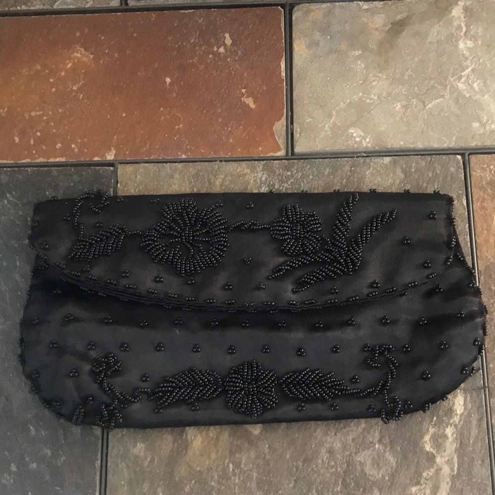 Vintage black beaded clutch evening purse hand beaded in Hong Kong like‎ new